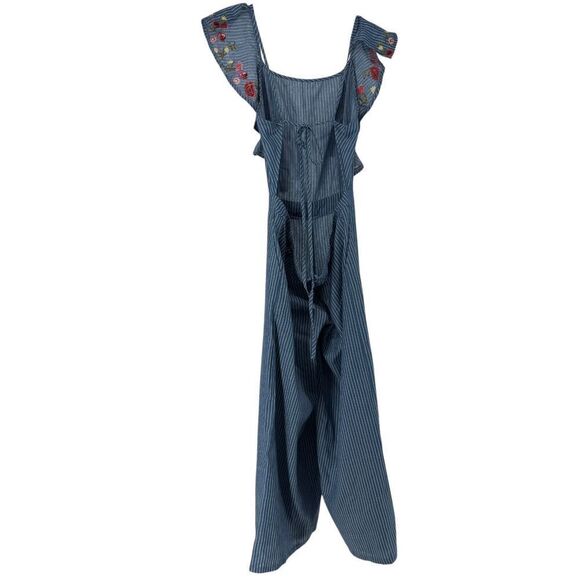 Wide Leg Jumpsuit L Blue Pin Striped Floral Embroidered Ruffle San Joy Open Back - Picture 11 of 11